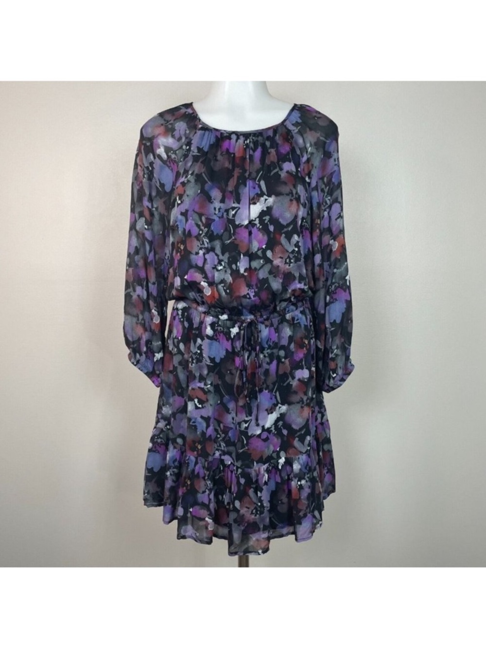 NW Bella Dahl Raglan Mini Dress Purple Blue Black 3/4 Sleeve Elastic Waist